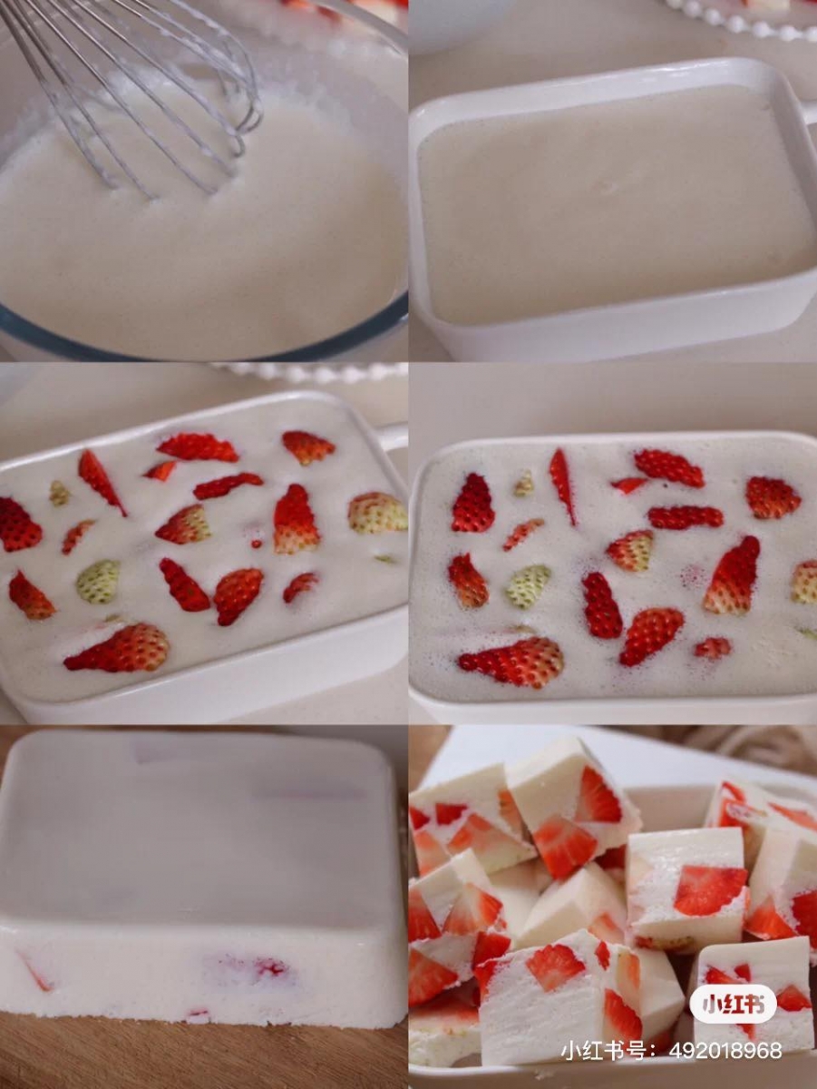 放凉后的牛奶倒入酸奶中搅拌均匀,然后倒进容器/模具里放入草莓块,冷藏至凝固后即可拿出来脱模切块。酸酸甜甜Q弹口感绝对会忍不住一块接一块狂吃~