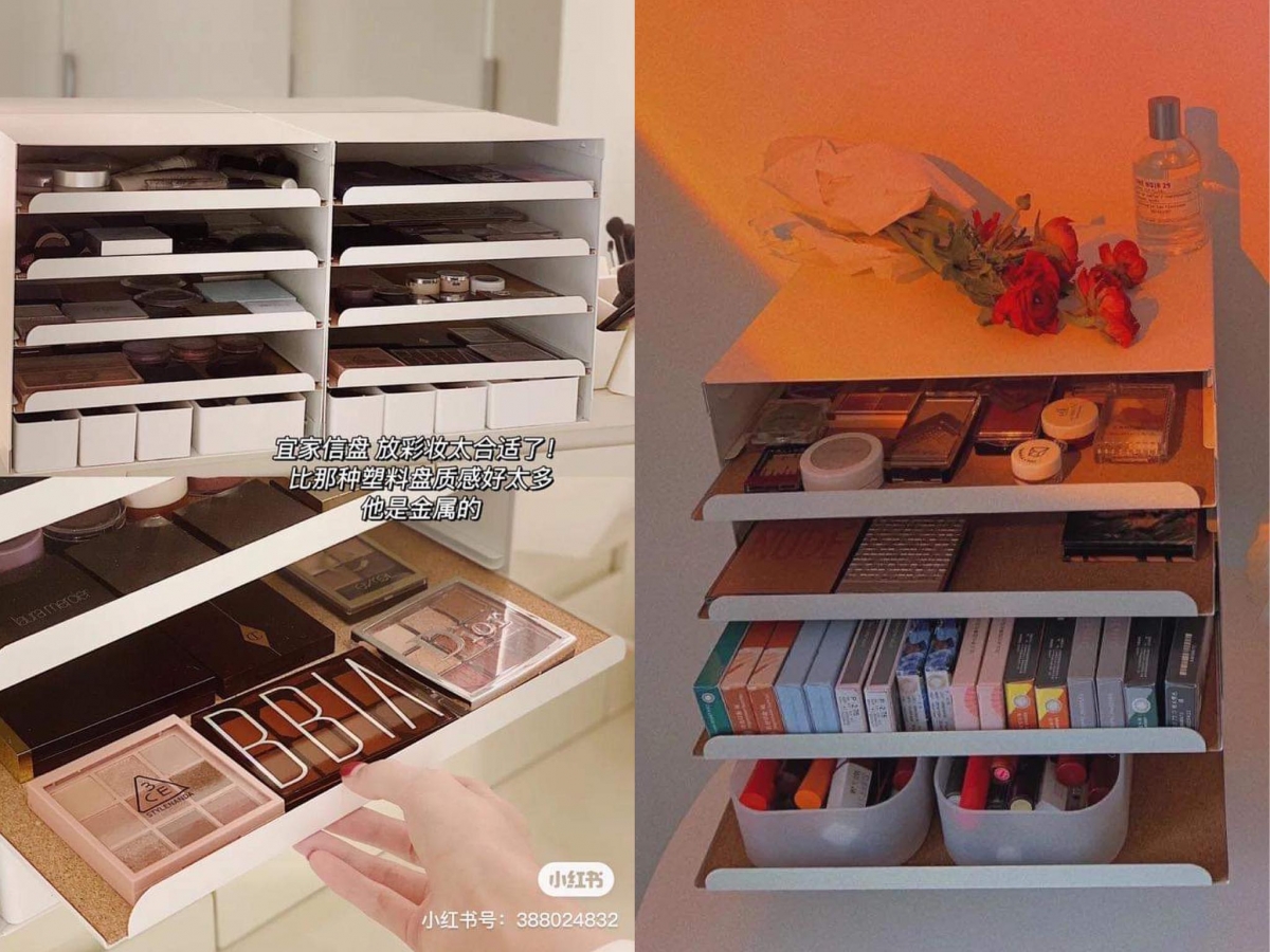 KVISSLE 信封收纳架 这款IKEA家居收纳好物可以说是「老网红」了（笑）除了可以是存放信件的桌面收纳架，也可以效仿小红书博主们的聪明用法，将其当作化妆品收纳架使用。
