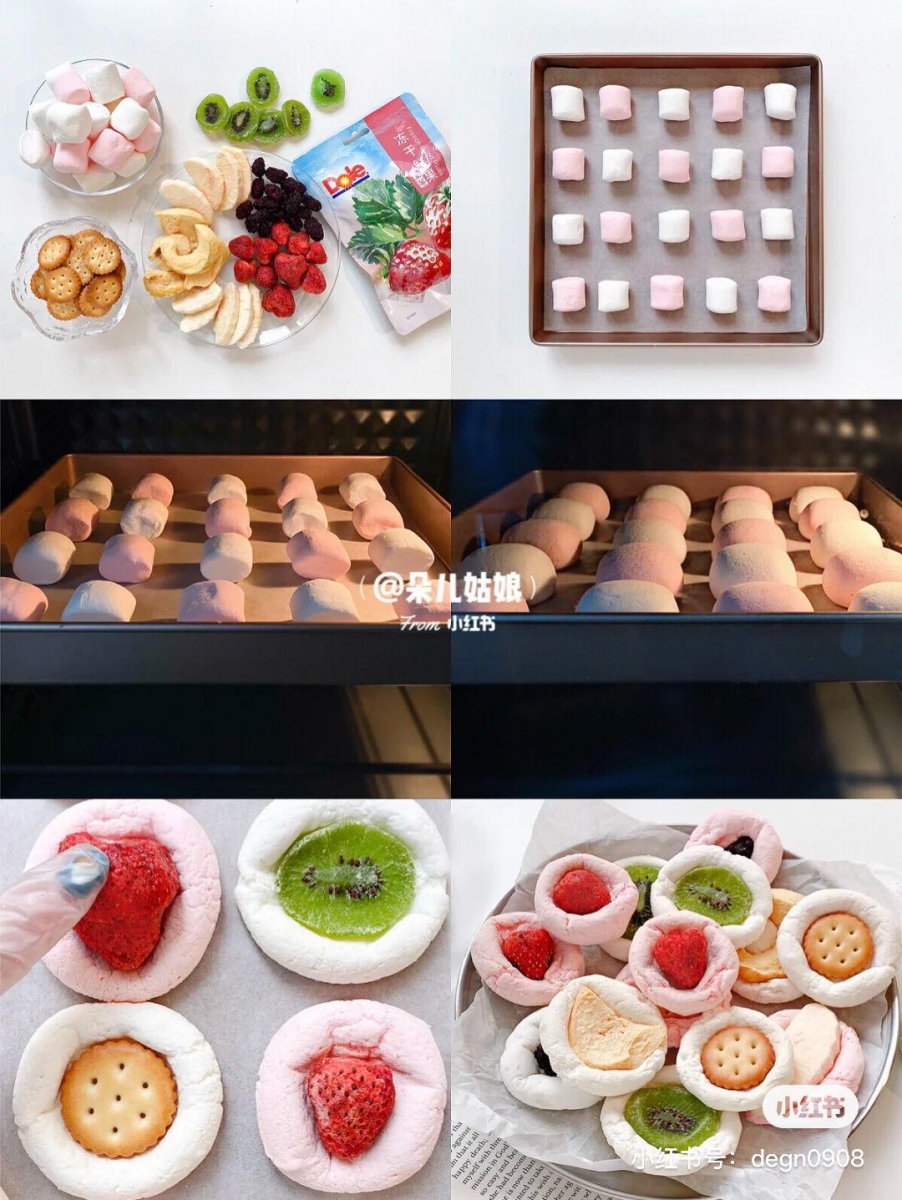 1、把颗颗棉花糖排列到烤盘上，记得间隔空间要足够，否则烤的过程中棉花糖融化后会粘在一起。送入预热好的烤箱，125度烤30分钟左右。