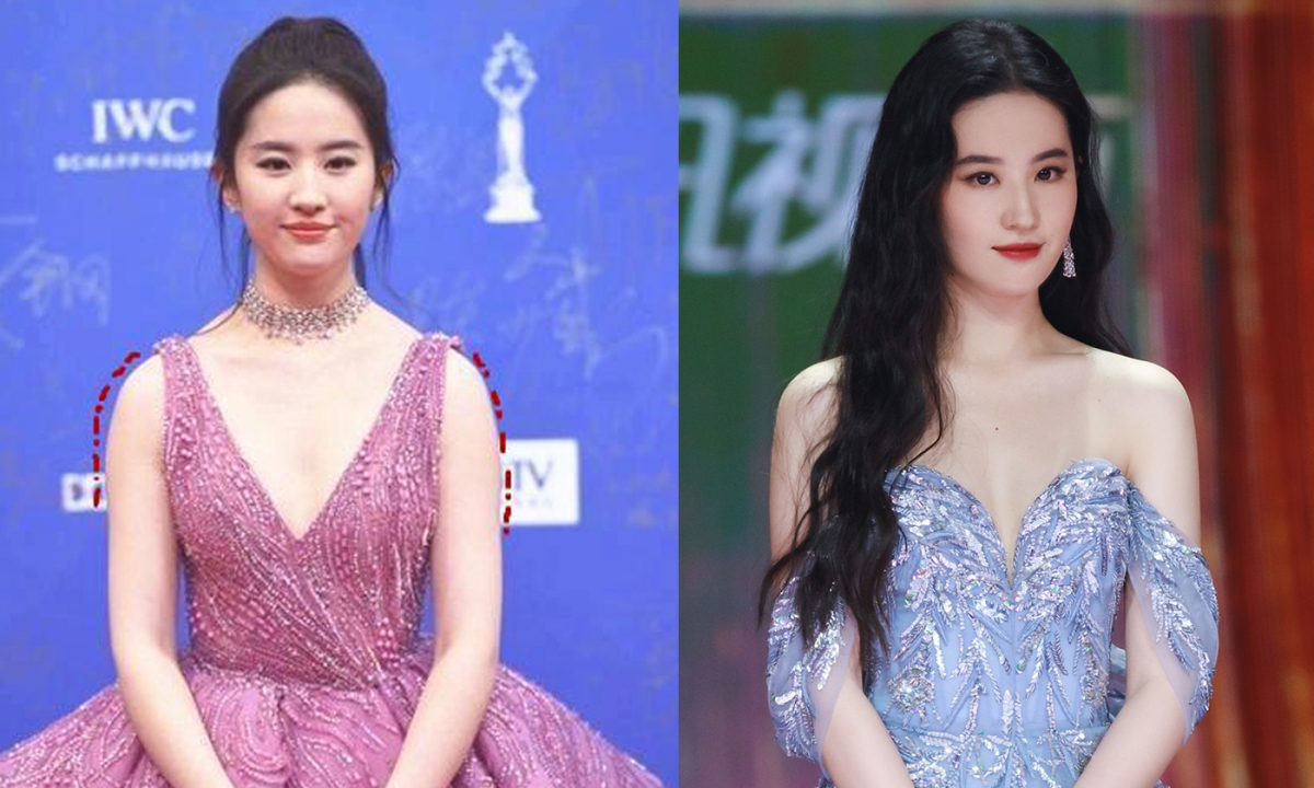 女神刘亦菲瘦手臂前后对比图，明显可见天鹅臂和美化肩部、背部线条是“穿衣显瘦”的最关键啊！