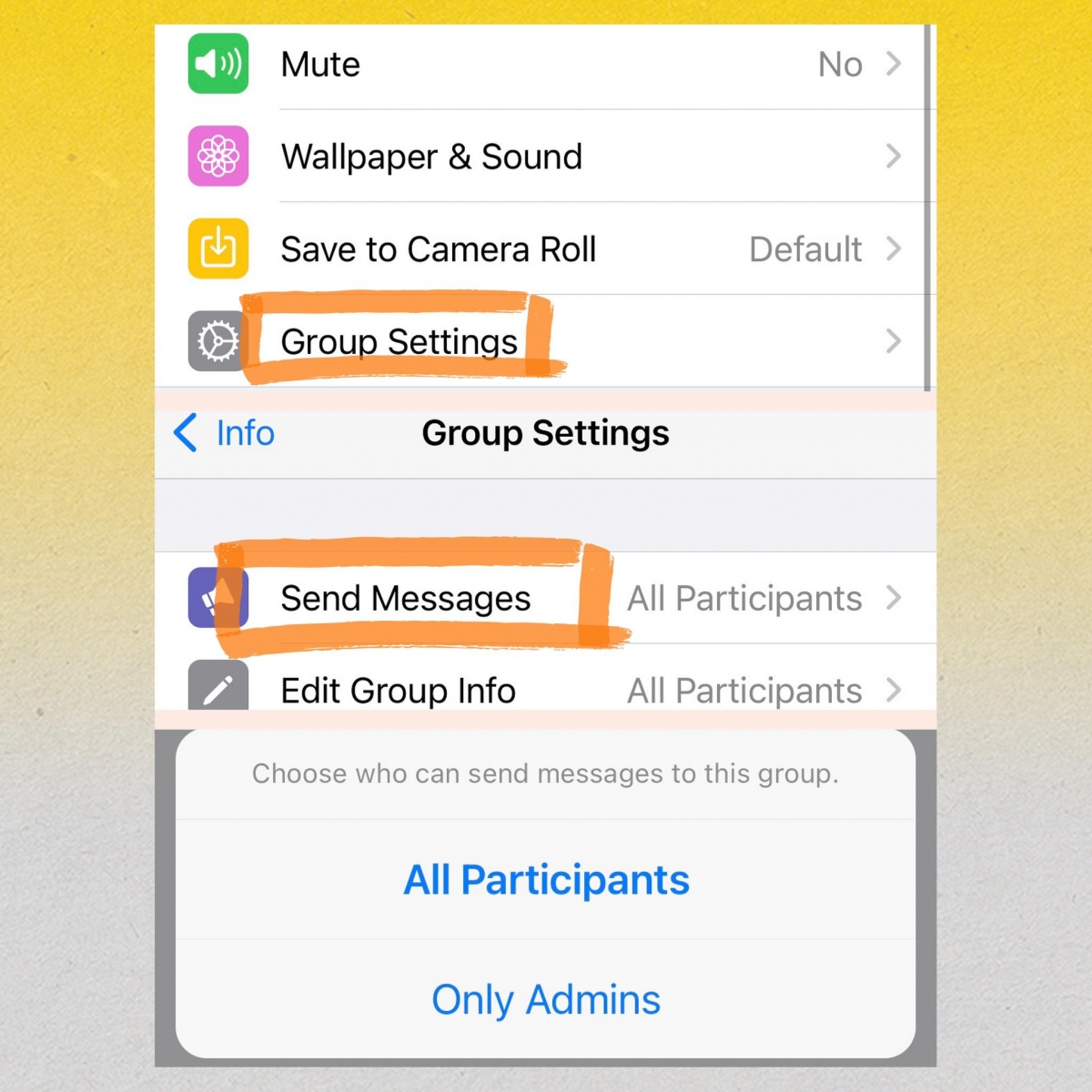 WhatsApp隐藏功能 8 ：群组限制只有管理员可发言  如果创建的群组是用来颁布重要启示、不想让聊天室成员在里面吹水聊天淹没重要信息，作为Admin的你可以进入群组、点击上方群组名字进入Group Info，选择Group Setting - Send Message 并设定成Only Admins，仅限管理员发言。