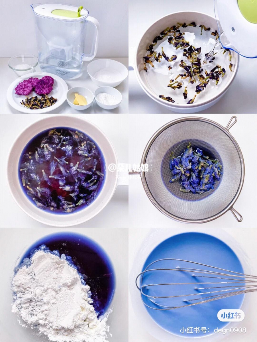 做法：  1、蝶豆花加水煮出蓝色花水，将花瓣过滤掉后往水里加入糯米粉、玉米淀粉和白砂糖搅拌均匀。