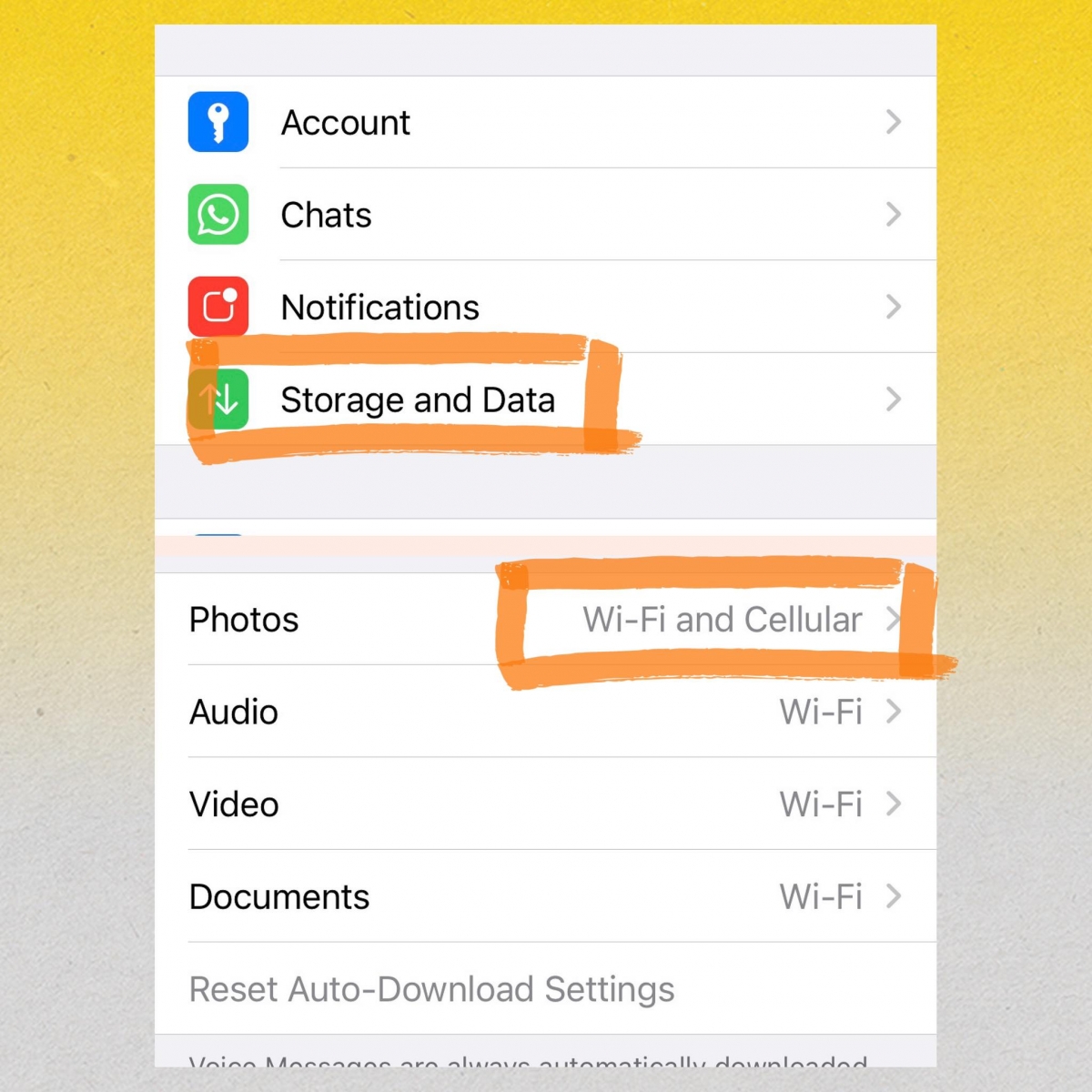 WhatsApp隐藏功能 10 ：关闭「自动下载」省Data用量  不想浪费手机Data自动下载到File Size很大的视频和照片，可以前往Setting - Storage and Data，在Media Auto-Download栏目中，将所有自动下载设定成「Wi-Fi」（连接到Wi-Fi才会自动下载），或直接选择「Never」关闭自动下载功能（手动点击才会下载），这样就完全不用担心不小心消耗掉手机Data喽～