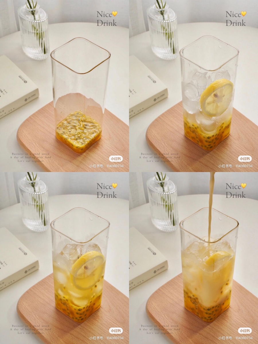 制作方法:热水浸泡茉莉花茶包,放到冰箱里备用。将百香果肉、蜂蜜和半颗柠檬汁倒入杯子里拌匀腌渍一下,之后放入适量冰块和一片新鲜柠檬片。将茉莉花茶倒进杯子里至7分满,然后加入一瓶Yakult;喜欢拍照打卡的女生可以放一小株迷迭香叶稍作点缀。