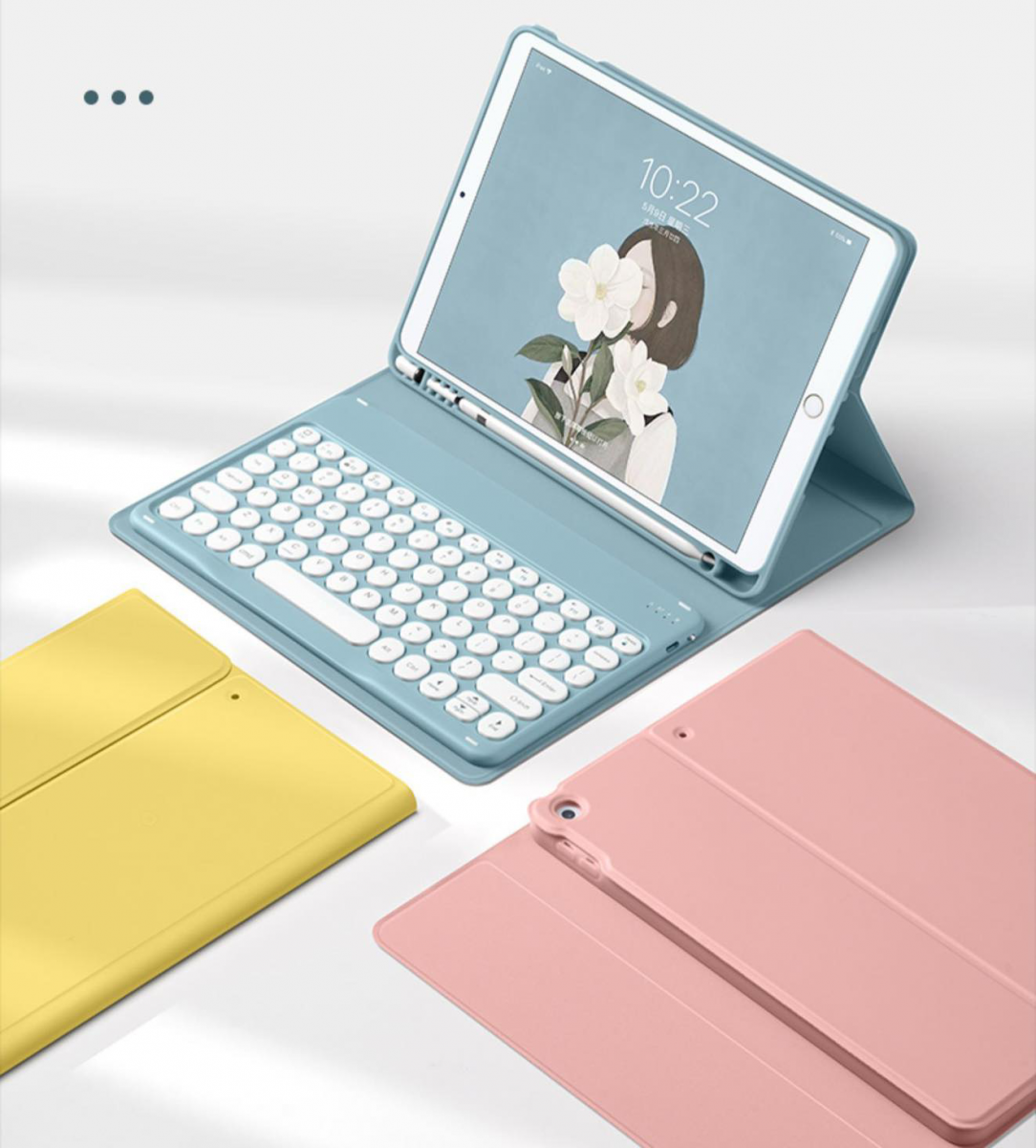 # 1 「键盘+保护壳」一体成型的设计居家或携带出门使用都非常方便。磁吸拆分式+轻又薄的设计，RM100不到就能轻松将iPad秒变Macbook！搭配圆形静音设计键盘，加上还有内置收纳笔槽；无论是颜值还是功能性都超强！奶fufu的蓝色、粉色、黄色都少女心MAX～