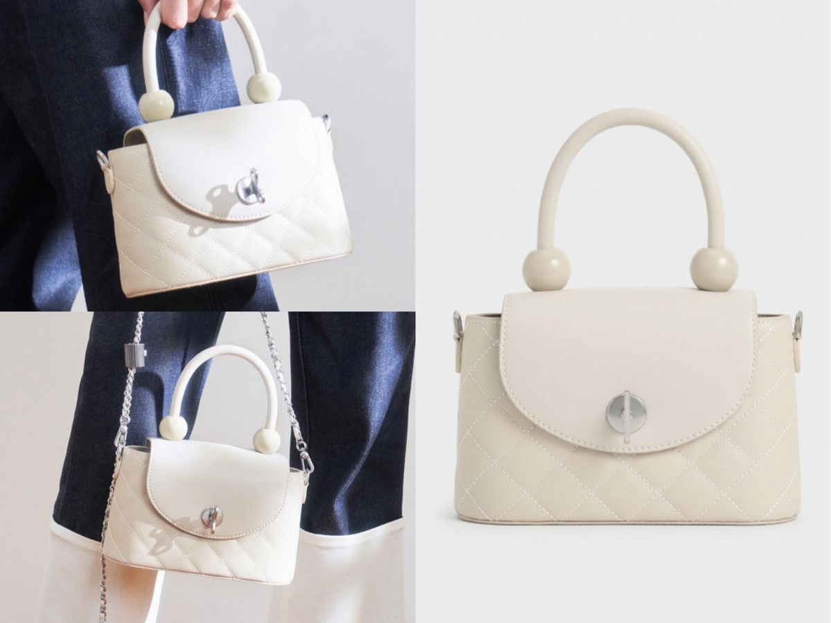 # 6 Charles & Keith Top Handle Circle Bag 菱格箱型手提包 >>> 【点击查看官网链接】 可爱复古风的手提箱型包包,菱格纹皮革x平滑面奶油色皮革拼接增添视觉层次感;经手提位置的大圆珠子、银白色锁扣点缀后,包包整体吸睛度更加分!