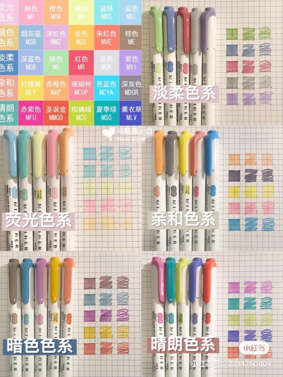 # 6 ZEBRA Mildliner / Double-Sided Highlighter 官方一共推出过5大系列：淡柔Pastel色系、荧光色系、亲和色系、暗色系、晴朗色系，其中MDGR深灰色、MGR灰色非常百搭，绿色、蓝色系列的调色相当不错！