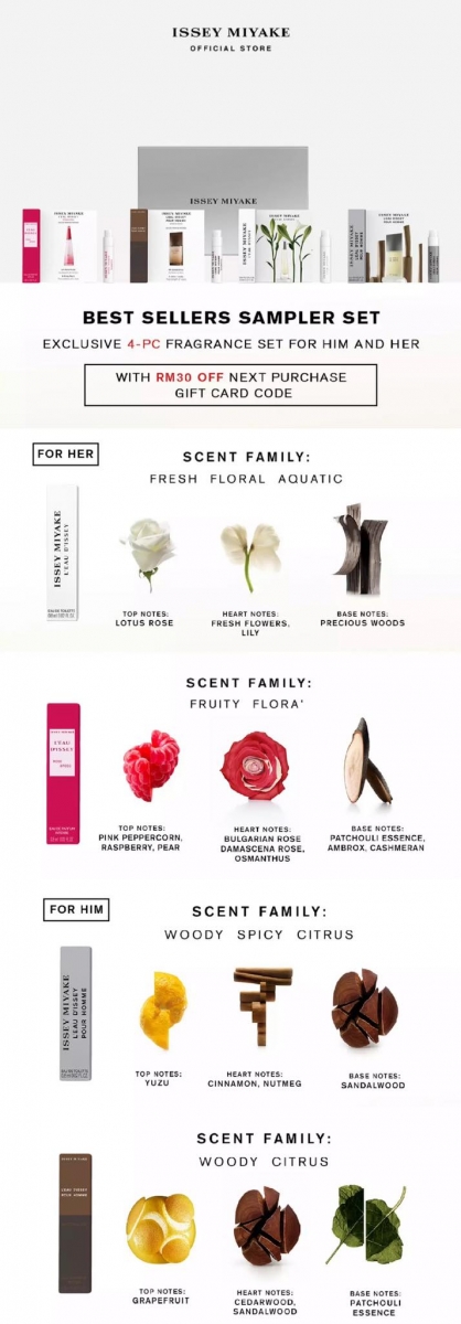 如果选不出那一款更适合自己，不妨可以在三宅一生Lazada官方店铺先入手迷你装，RM30就能一次体验到一生之水两大情侣香系列～亲测后再下单正装也不迟 ♥