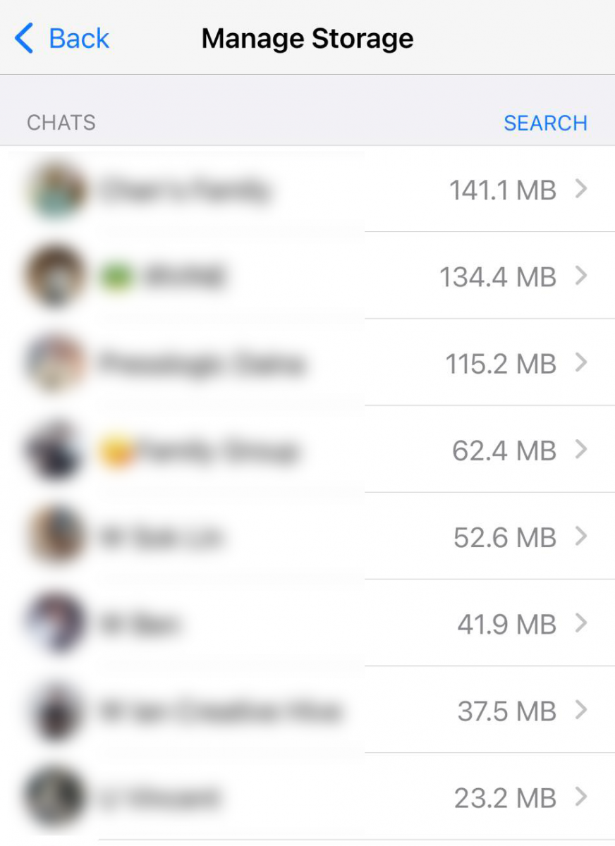此外往下看也可以检视哪个所属群组或聊天室的语音、文件、图片和视频内容占最多内存空间，点选即可进行删除。