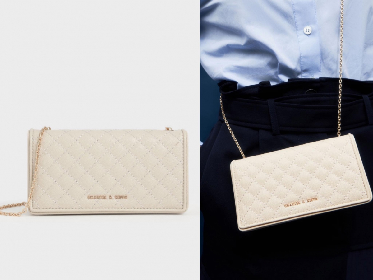 # 5 Chares & Keith Quilted Pouch 经典菱格纹手拿包 >>> 【点击查看官网链接】 「小香风」经典菱格纹奶油色手拿包容量适中,配以链条背带举手投足间展现高贵优雅形象;拆卸掉链袋当手拿包使用,出席重要场合尽显大气风尚。
