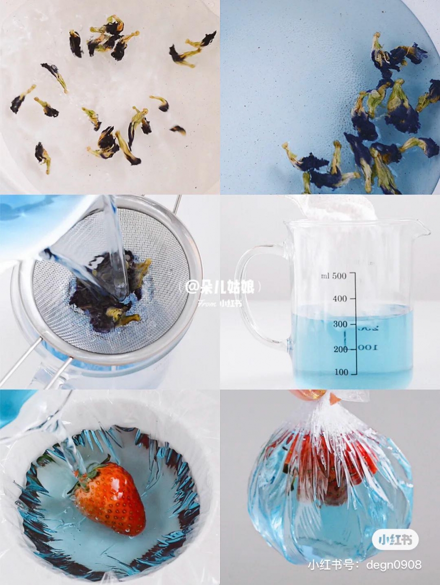 做法：  1、蝶窦花加入锅中和清水一起小火煮开，水变蓝色后将花瓣过滤掉，往蝶豆花水里加入白糖和白凉粉搅拌均匀。之后在一个小碗上铺上一层保鲜膜，放上草莓后倒入适量蝶豆花白凉粉液。