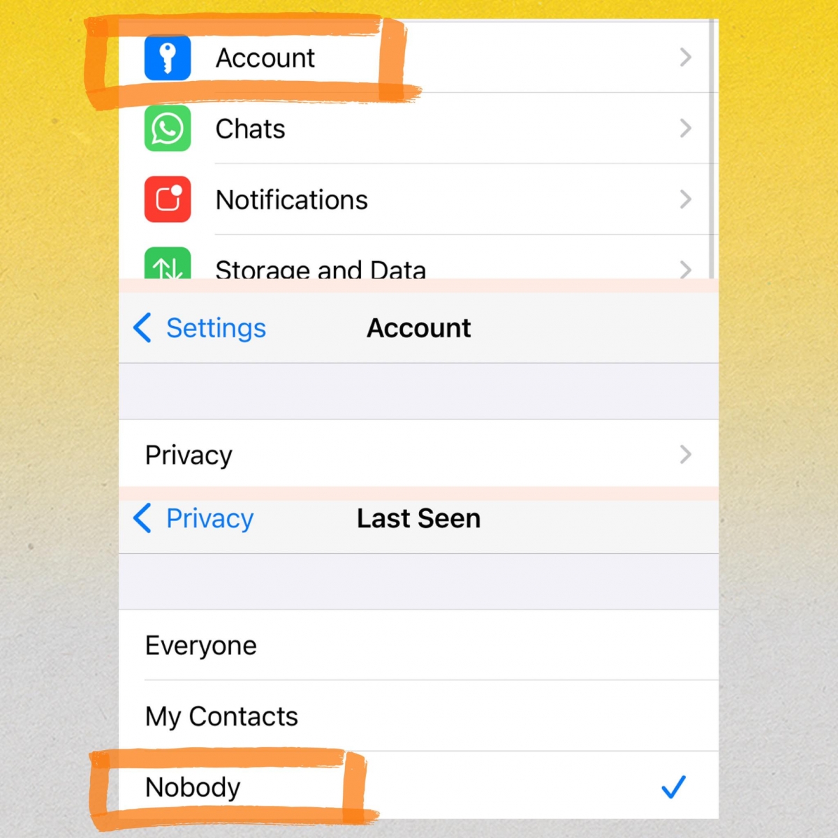 WhatsApp隐藏功能 4 ：关掉Last Seen蓝勾勾  不想被朋友/同事上司发现自己已读不回？可以到Setting - Account - Privacy 进行设定，在第一栏Last Seen设置Nobody即可。