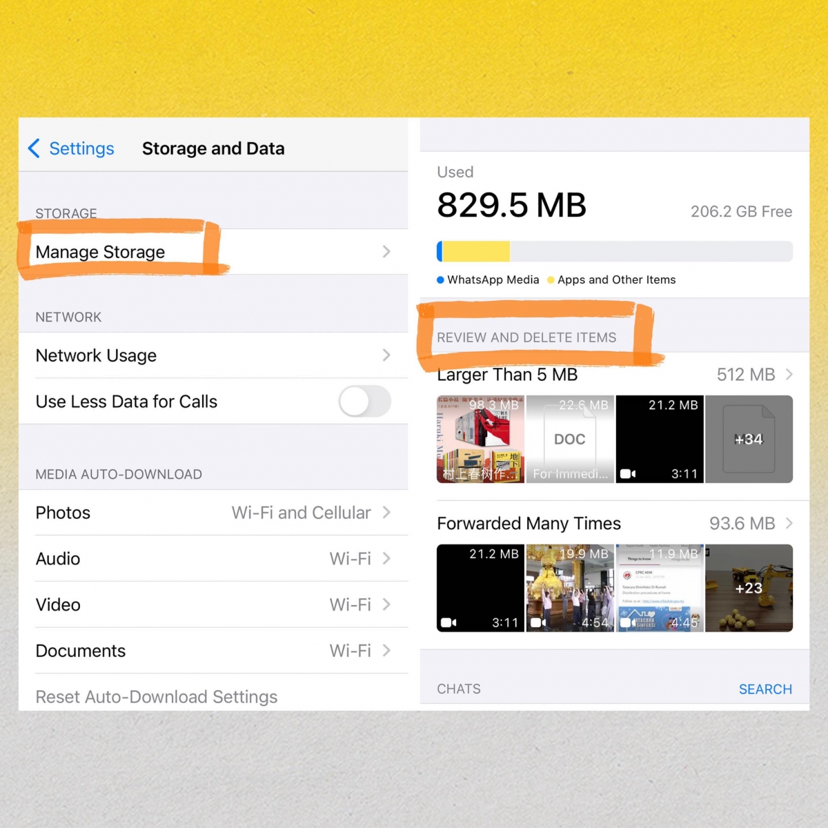 WhatsApp隐藏功能 2 ：Setting可以快速清理手机内存空间  长时间使用WhatsApp累计了超多占内存的空间？可前往Setting - Storage Data - Manage Storage查看内存状态，数据会为你分析出「占大容量」、「已经转发多次」的文件/图片和视频并建议你删除。