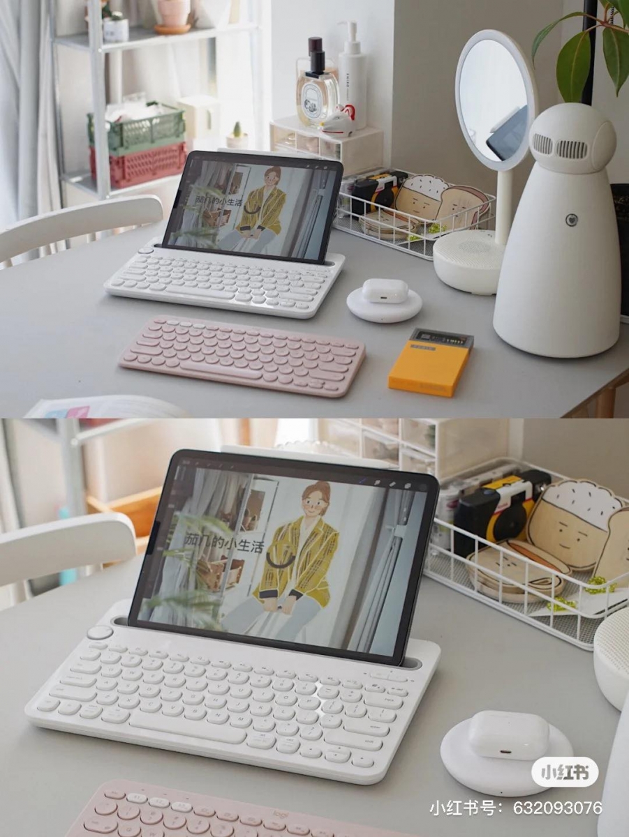 # 6 Logitech K480无线蓝牙键盘，凹槽部分可以直接将iPad立起来当支架用；但这款重量比较沉、约820g，界面也比较大，比较不适合戴出门使用。