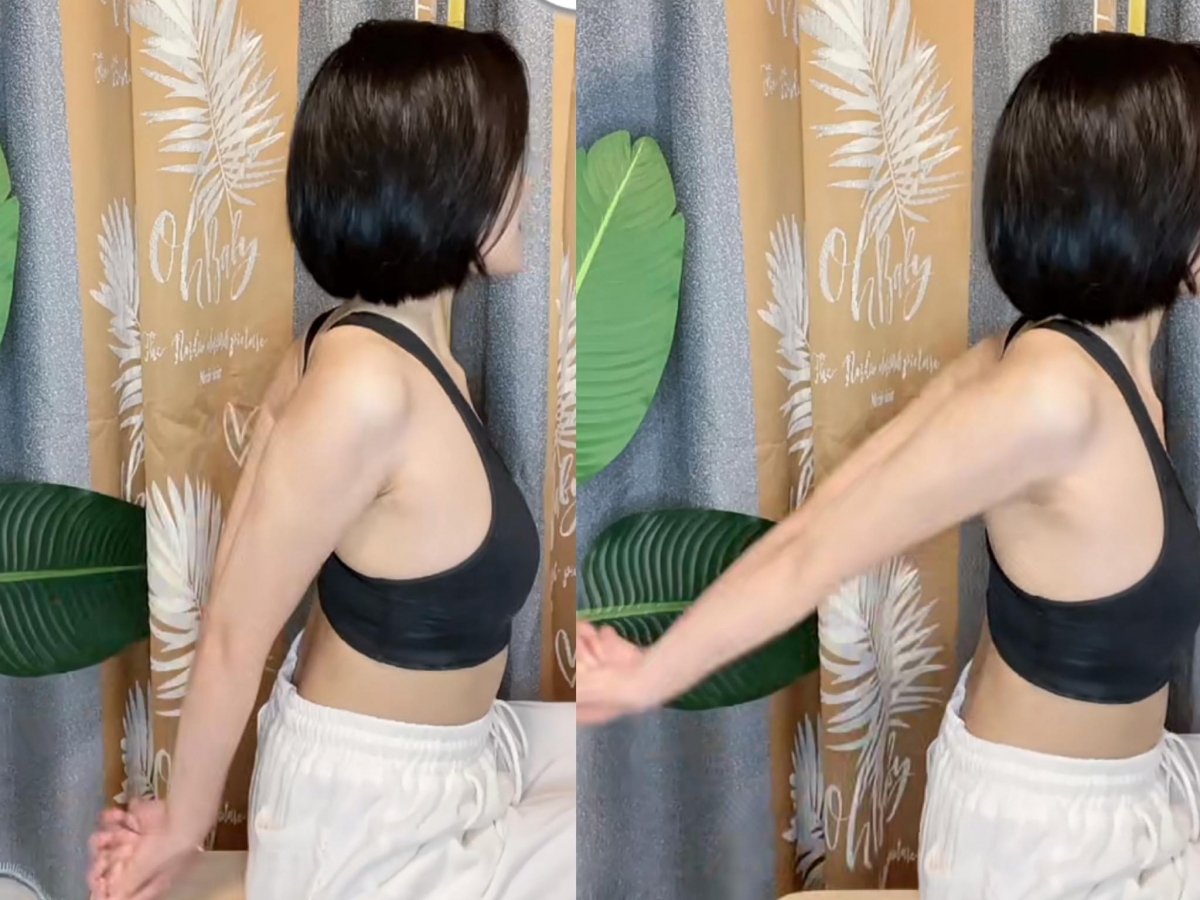 动作（三）后抬臂 双手在身后手掌重叠交叉、伸直手臂，匀速向上抬升。做的时候手臂尽量抬至最高点，拉伸手臂和背部肌肉，可以很好帮助消除后背赘肉和手臂拜拜肉。做20次为一组，建议重复3组。