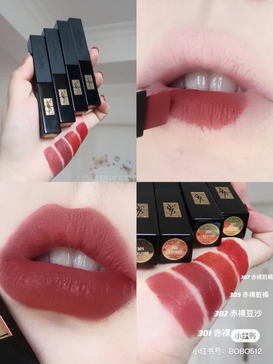 YSL The Slim Velvet Radical 小黑条口红 丝绒粉雾感的口红质地，抹上嘴薄透滑顺不卡唇纹，妆效质感和纯黑x奢华金色标志外壳一样满满高级感！据悉这系列很快会在下半年于马来西亚YSL上市！大家届时记得Mark准色号入手喽～