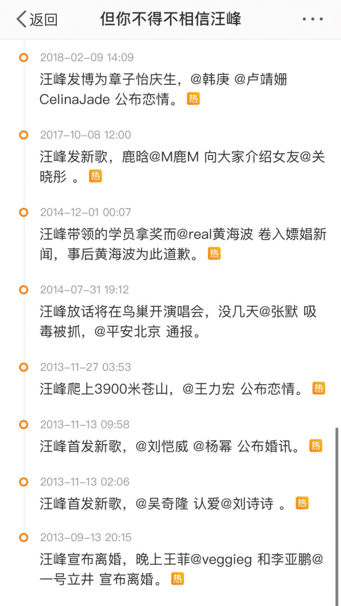 2013年汪峰宣布离婚当天,同一日晚上王菲李亚鹏宣布离婚,焦点顺便分散不止大半;同年首发新歌当天吴奇隆认爱刘诗诗。 2017年汪峰发新歌,同日鹿晗和关晓彤恋情官宣;隔年汪峰开演唱会,同一天赵丽颖、冯绍峰宣布结婚。 2019年4月汪峰再发新歌,郑爽和张恒宣布分手;同年10月汪峰又发新歌,这次碰上了贾乃亮前妻李小璐和出轨对象PGone的视频泄露。