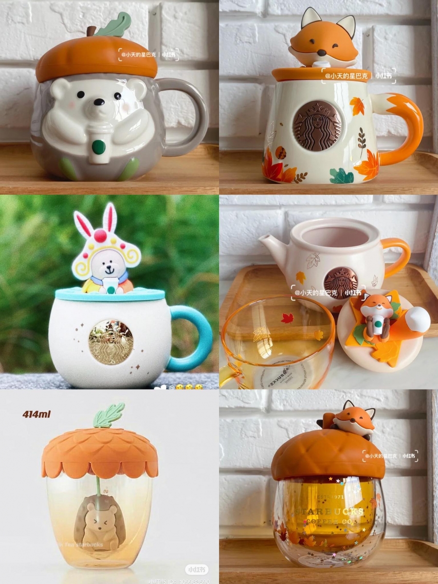 马克杯方面这次也是「萌」力十足!小刺猬、小狐狸、小兔子、变身兔兔天将的星巴克小熊、小松果等元素攀上杯子和杯盖,精美程度完全能媲美设计感满分的摆设品,到手后绝对舍不得用啊 ♥