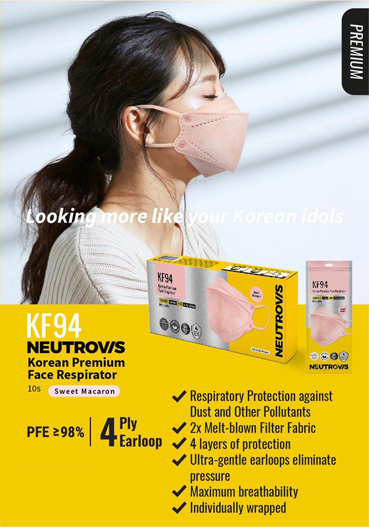 # Neutrovis KF94 Korea Premium Face Respirator 相信很多女生都会钟情于这款Neutrovis KF94口罩的马卡龙梦幻粉色!其他比较中性好搭配的配色有Oxford Blue深蓝色、Jet Black经典黑色、Dynamite Grey百搭灰色、Pool Blue水蓝色~可以到官方旗舰店去挑挑看~ >>> 【点击查看Lazada链接