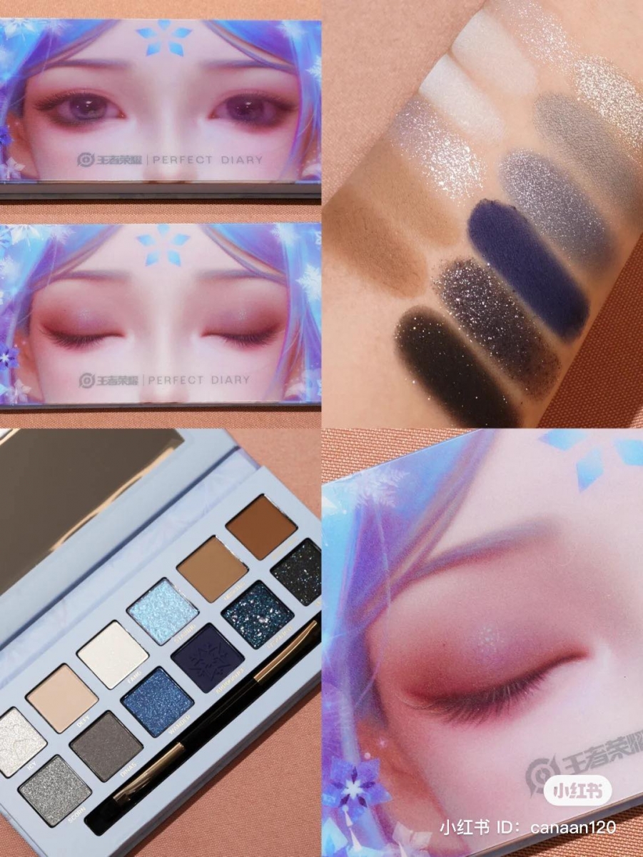 清冷神秘「王昭君」冰蓝盘 喜欢玩妆的女生一定不能错过冰蓝盘～浓郁的灰蓝色调不是日常色，但对于欧美妆、Cos妆容爱好者而言绝对可以入，轻松营造混血感眼妆～银灰、银河蓝色调细钻眼影点缀卧蚕绝绝子 ♥