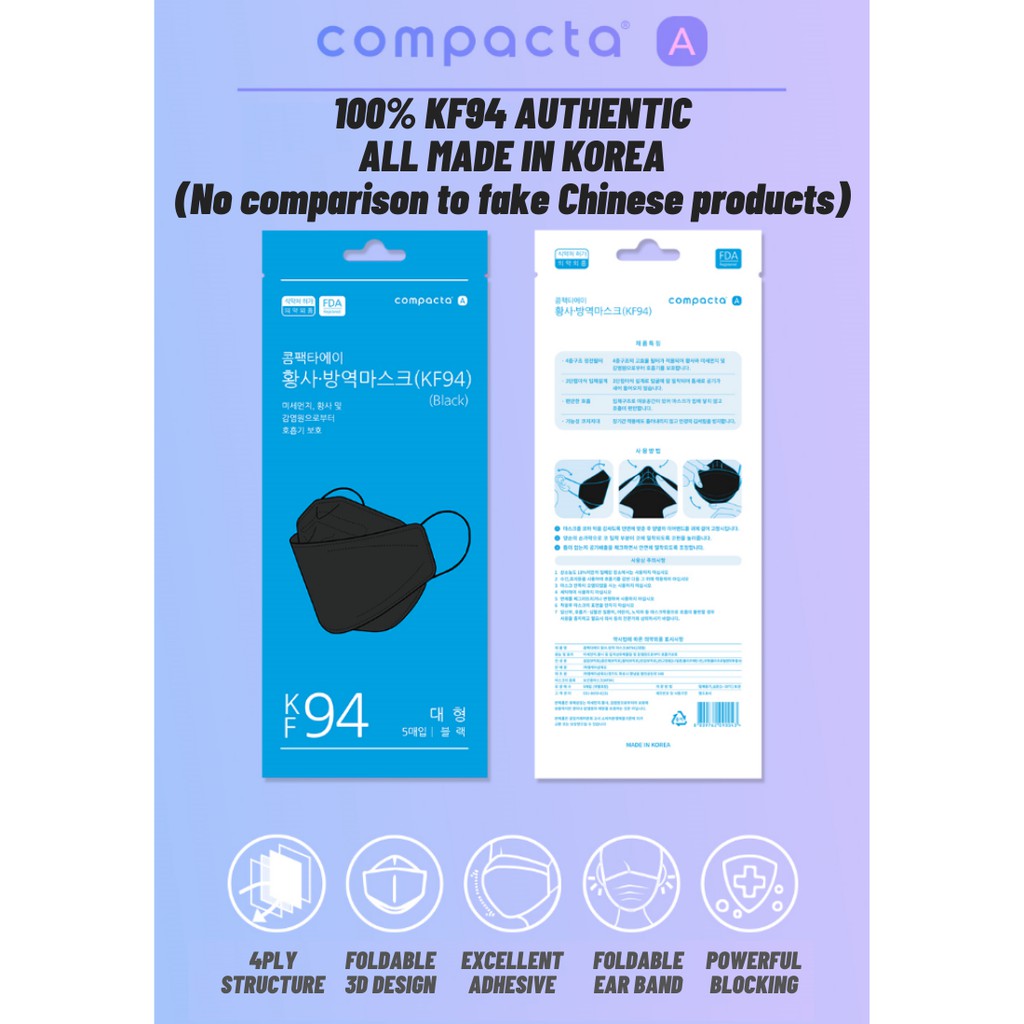 # Compacta A KF94 Korean Disposable Mask 编身边很多人在推荐的韩国Compacta A KF94口罩,在韩国通过Particle Filteration Efficiency(PFE 97.1%)和Bacterial Filteration Efficiency(BFE 99.9%)验证;每片口罩都是独立卫生包装,很适合多放几片在车子、包包里备用。