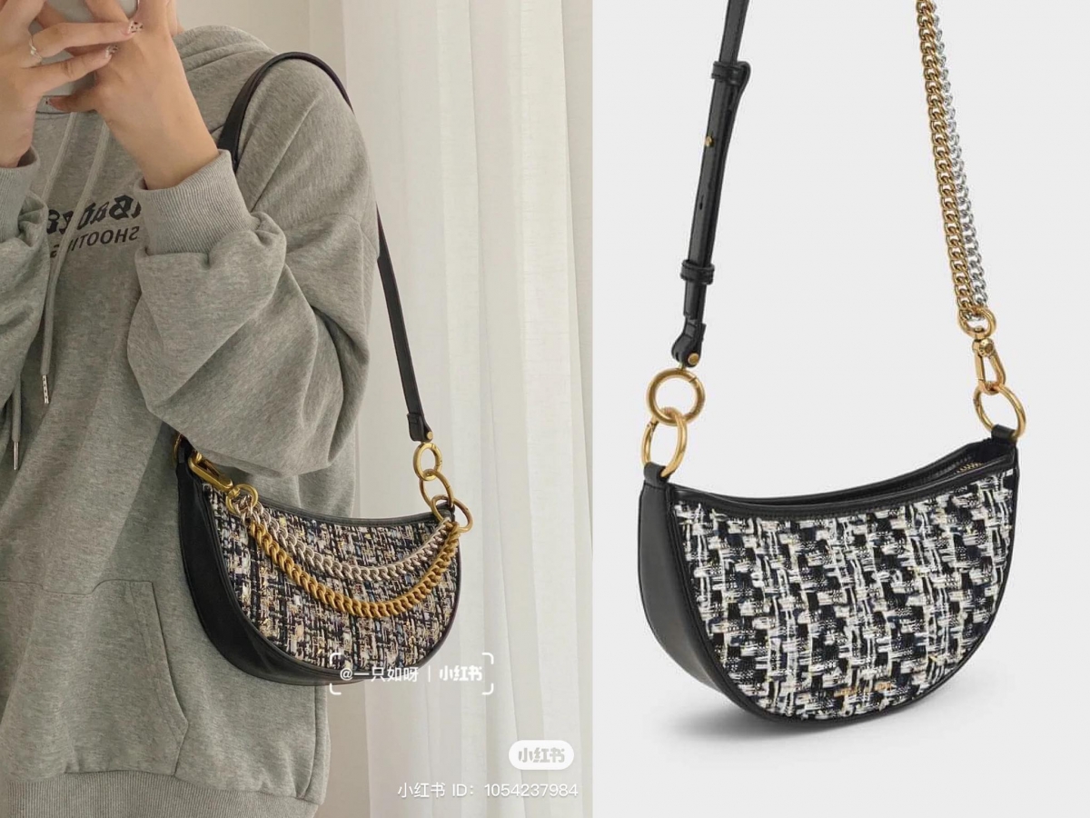 Charles & Keith Tweed Crescent Crossbody Bag 小香风毛呢弯月包 | 可自由组合的两段式背带方便融入到不同穿搭风格里;黑色款率性迷人、茶色款尽显秋日浪漫。