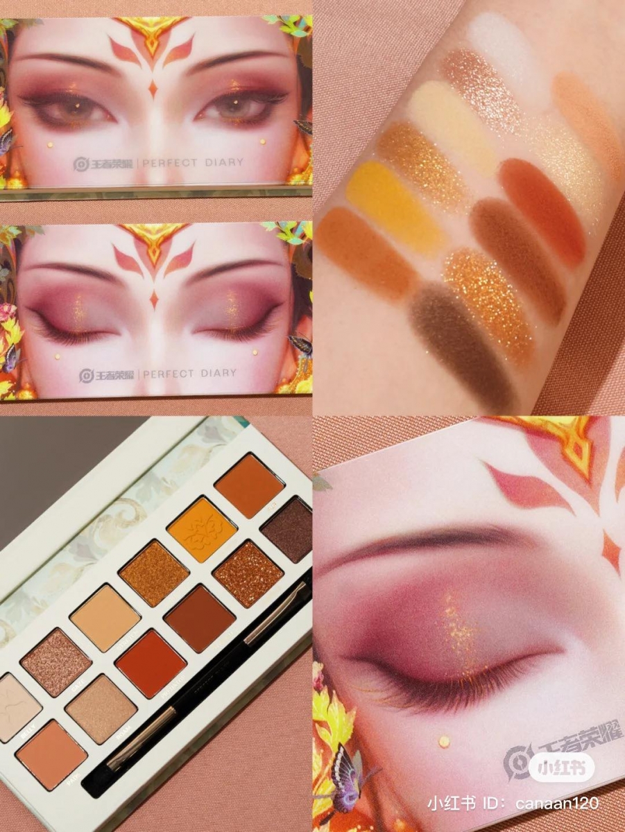 华丽贵气「杨玉环」橘棕盘 想要打造氛围感拉满的「人间富贵花」般贵里贵气、又飒又美的眼妆，不妨选择专为「落日氛围感」而生的杨玉环橘棕盘；上排左二、下排右二的碎钻亮片色绝对是点睛之笔！
