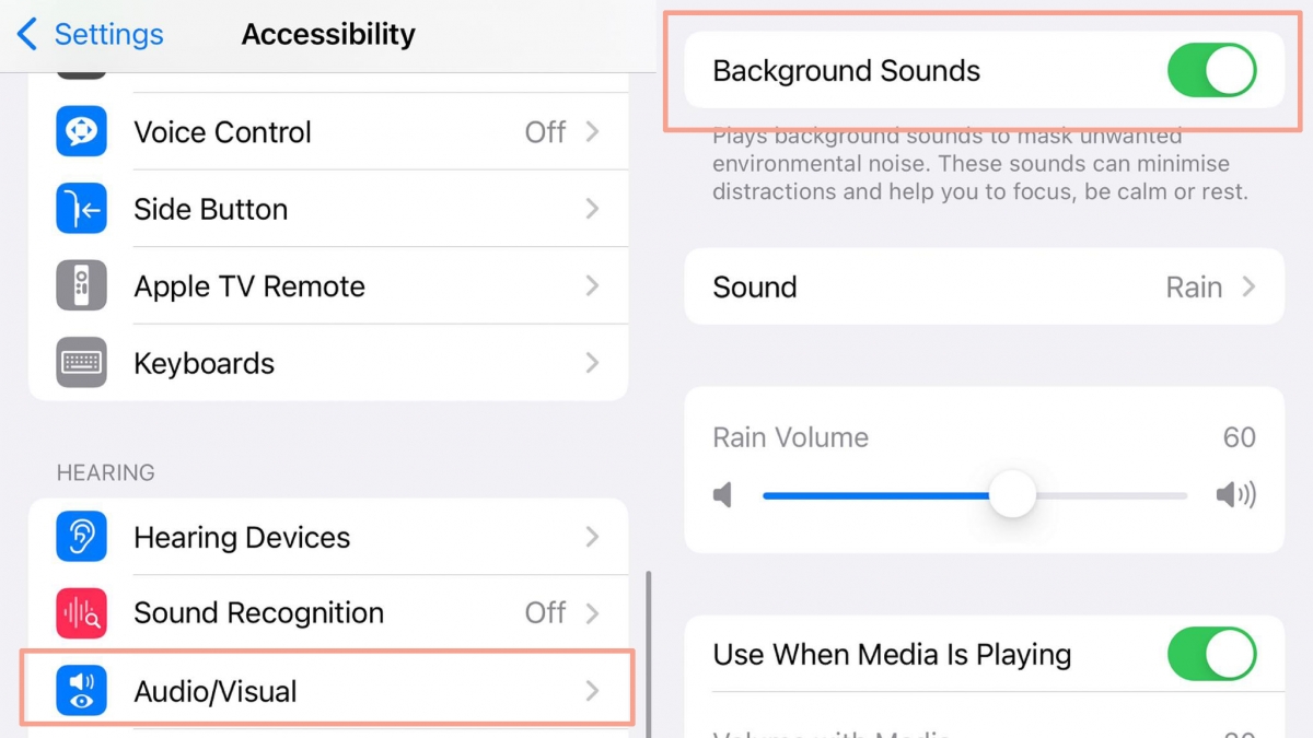 白噪音功能 白噪音功能可以让人更专注,或是更有助与夜深人静时提升睡眠品质。iOS15更新后自带白噪音功能,终于不用另外下载第三方平台占内存啦!打开设置Setting-辅助功能Accessibility-听觉Hearing-音频/视觉Audio/Visual-打开背景音Background Sounds,即可打开白噪音。