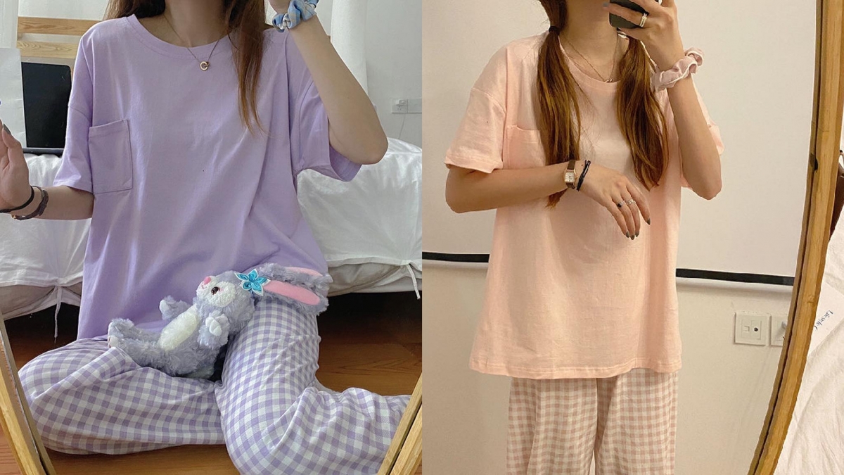 02 / 素色T + 格纹长裤韩系居家服套装 简约素色上衣+格纹长裤简约且很有质感,是韩国家居YouTuber们的VLOG中常见的款式!建议可以挑宽松一点的码数,更慵懒舒适~ >>> 【点击查看Shopee链接】