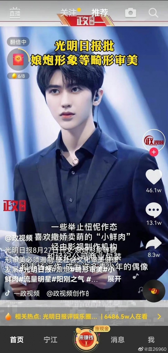 文中斥责影视机构和经纪公司将这类型举止/气质的艺人包装成为青少年偶像;也痛斥这类艺人刻意制造热点,透过曝光私生活、炒作绯闻、蹭热度、挑起或煽动粉丝之间的争端骂战、买热搜等,用以保持自己的商业价值和话题性,让社交媒体变得乌烟瘴气,因此应该视作「社会问题」严加遏制。 刊文中写道「而其中有些人因人品艺德不佳频频爆出负面新闻,触碰道德底线,甚至踩踏法律红线」、「一枚“小鲜肉”新星坠落或不足惜,但这股从娱乐圈席卷而来的病态审美风潮,对青少年审美取向的恶劣影响,不能不引起社会重视」、「不少青少年为了成为像他们一样的明星,用青春做抵押、离开学校,开始”练习生“生涯」、「部分现实题材和革命历史题材创作也邀请“小鲜肉”出演英模、硬汉,使本该阳刚、成熟、正气的形象变得幼稚、邪魅」。