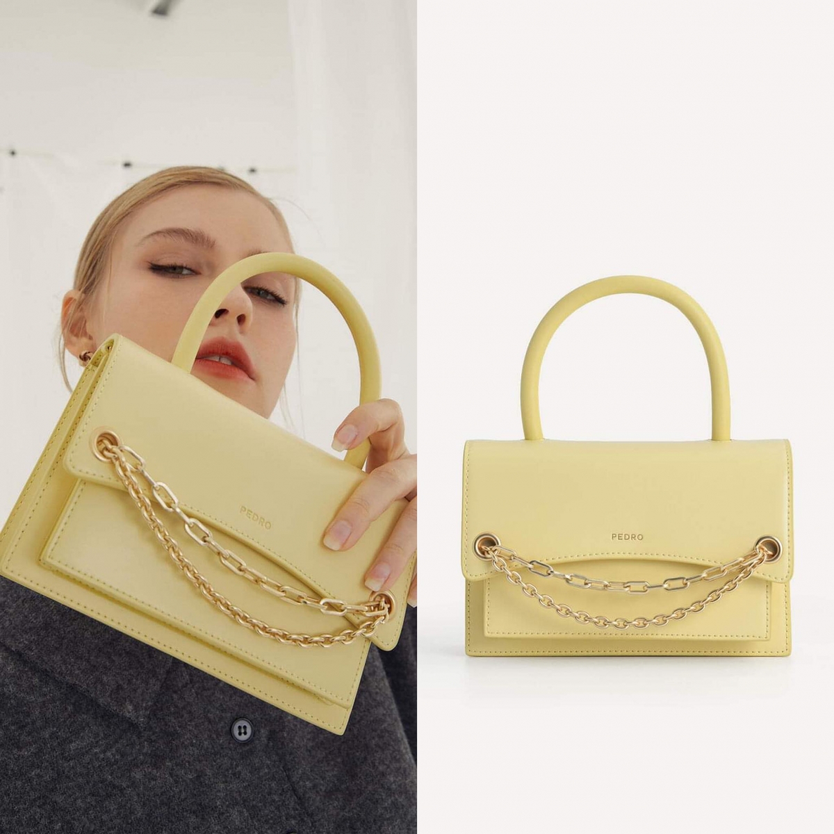 03 / PEDRO 可爱优雅小箱包 Boxy Leather Top Handle Bag 喜欢粉嫩色系的女生,这款小箱包可以考虑入手!四四方方棱角鲜明的包型倍显优雅,配上梦幻粉色或奶油黄色后不失可爱减龄感,缀以结构不同的金属双层链条,视觉上层次感更为丰富、利落大方!小把手可以当手提袋,配上可拆卸的肩带即可用作通勤斜跨包,搭配性很高~ >>> 【点击前往官网查看】