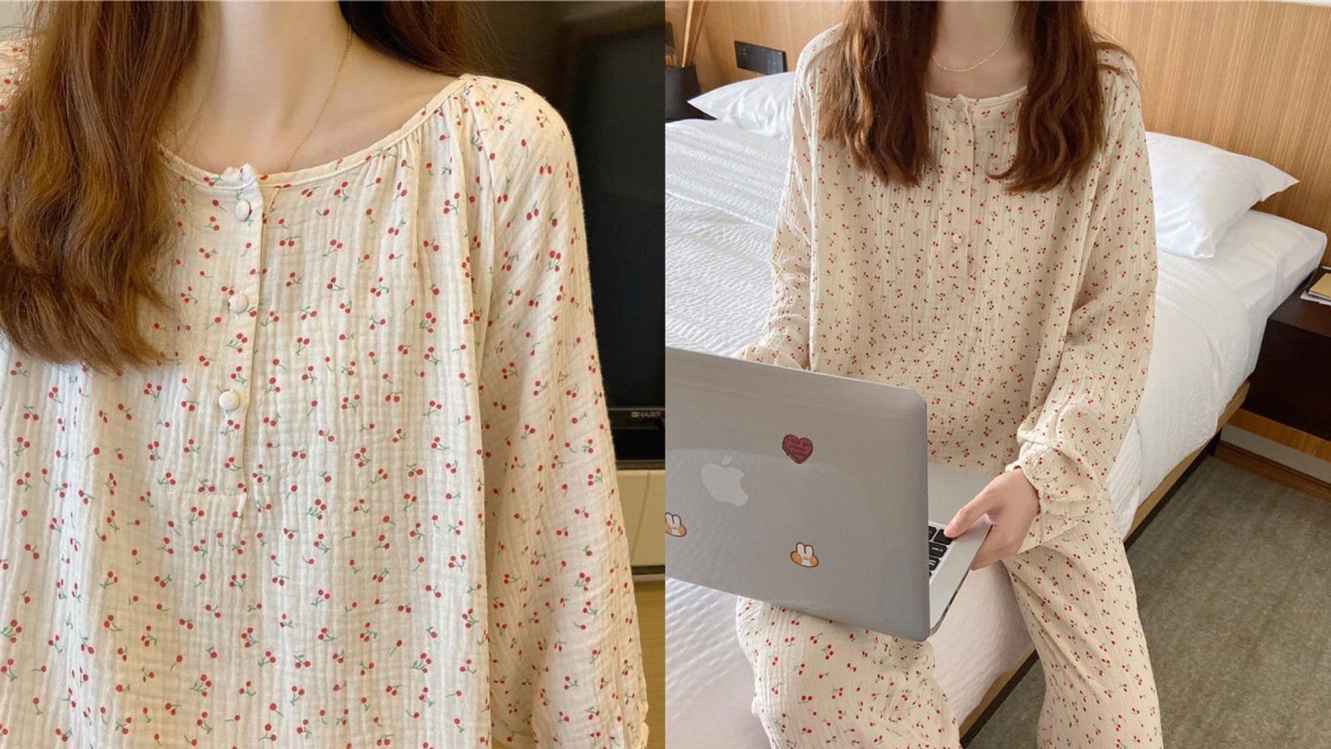 10 / 韩系温柔欧尼风小碎花家居服套装 韩系风格居家服除了格纹元素,小碎花风格也「绝绝子」♥ 长袖+小圆领搭配很迷你的小樱桃印花,凸显温柔优雅气质的同时又不失少女心~ >>> 【点击查看Shopee链接】