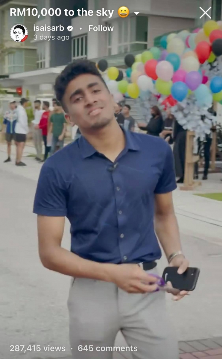 Isa Isarb还在放飞气球后公开其所在地点:「在巴生的朋友们,如果你们有捡到这些钱,直接拿走吧!」,被炮轰为博眼球不择手段。