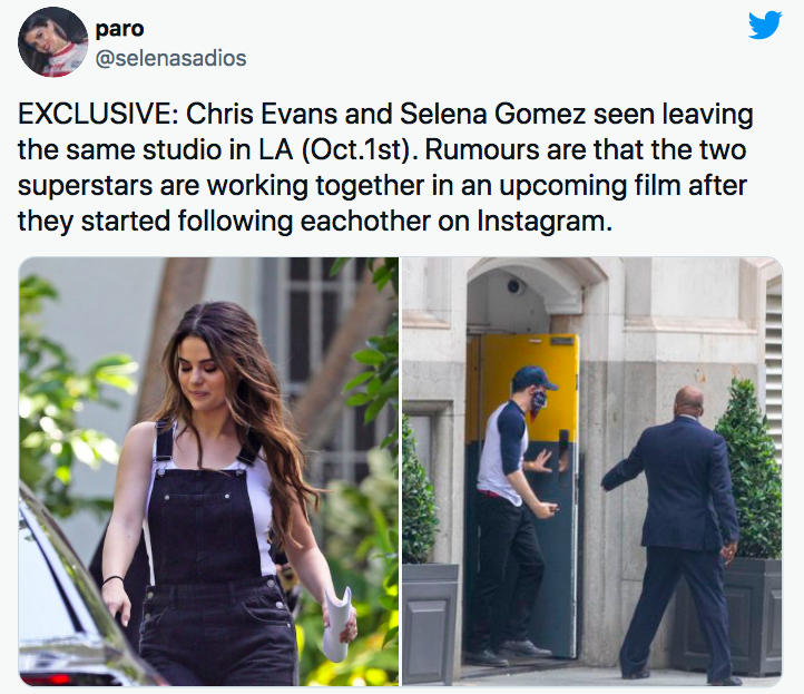 外网爆料40岁的Chris Evans被发现和小天后Selena Gomez出入同一家餐厅以及录音室,热恋消息再社交媒体平台上不胫而走,亦有网友表示亲眼目击了他们出双入对!