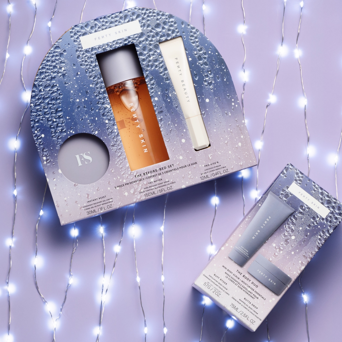 FENTY SKIN 在本季的圣诞礼盒中也带来了 Before-Bed Set 护肤套组,其产品包括:化妆水、焕亮修复晚霜和护唇膏。