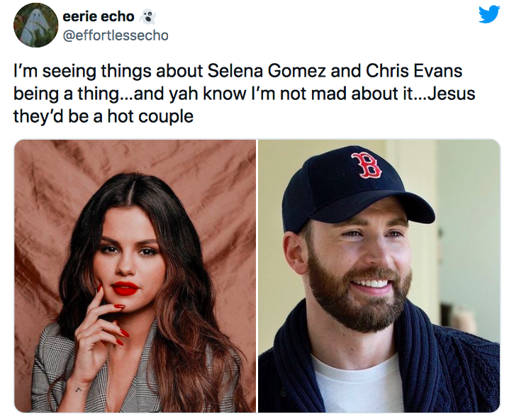 同样各有代表作火爆全球的Chris Evans和Selena Gomez爆出热恋消息后,双方不少粉丝非但没有异议,反而表示非常支持!「这对如果是真的,完全就是Power Couple啊」、「说真的…如果我的理想型男神Chris Evans约会恋爱…对象是Selena Gomez的话,我会十分高兴!」