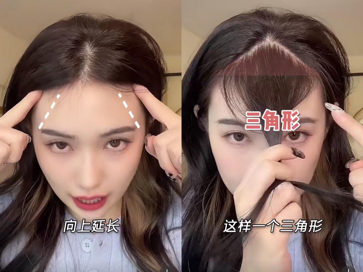 赵露思同款披肩发型:1、以画好的眉尾作为起点,向上延长呈倒V型,分出最佳比例的刘海(刘海分量大约2根手指款),这部分先留着稍后再处理。