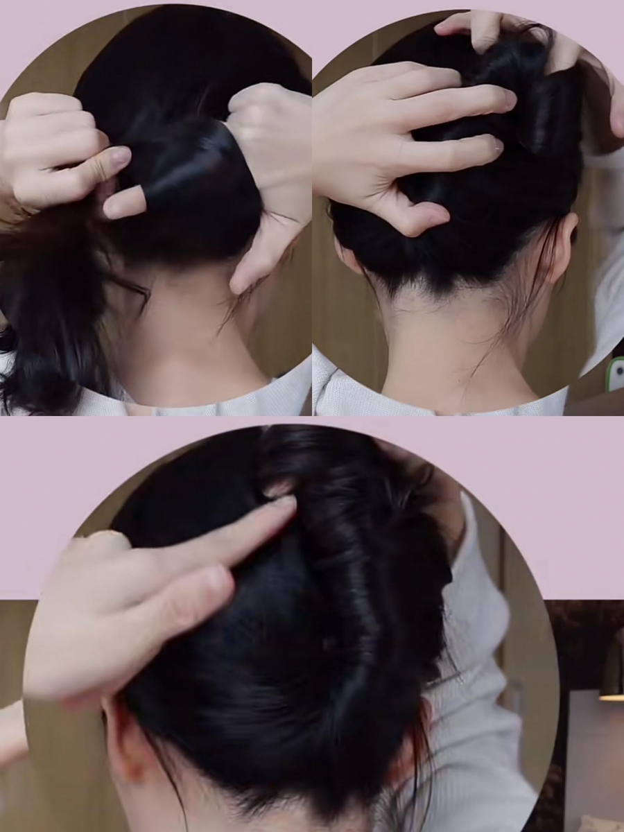赵露思同款鲨鱼夹发型:2、左手握好马尾,然后右手食指搭到马尾上,用它将头发绕一圈,继续往上卷起来,直到马尾全部都盘好收进去。