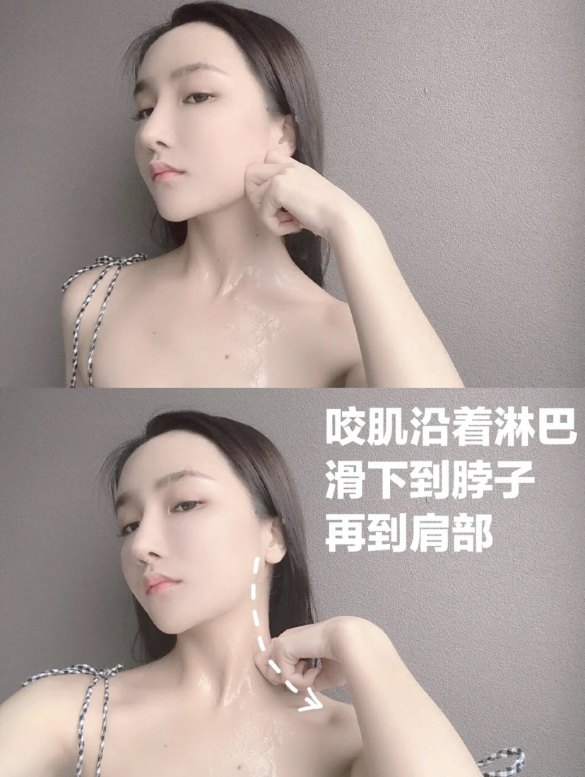 在咬肌部位按压转圈十次后,就直接沿着淋巴部位下滑到脖子,再按压到肩部。