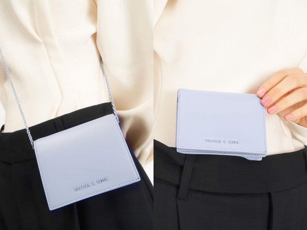 Charles & Keith Snap Button Mini Short Wallet :配有5格卡片夹层,以及单层纸币夹层、一格拉链零钱夹;入手时会附上可拆卸的细致链条背带,前一秒还是小巧百搭的短款钱包,下一秒扣上背带后瞬间变身优雅又减龄的迷你斜挎包。