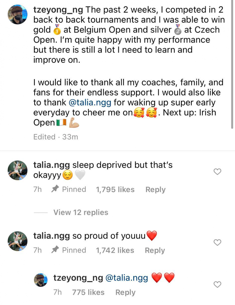 黄智勇赛后在Instagram发文分享心情。文中除了谢谢家人、教练、球迷粉丝一路走来的支持，也不忘对前不久刚公开认爱的女友、加拿大羽球女单选手Talia吴熙儿表达感谢，「我想谢谢我的教练们、家人们以及球迷们的无限支持。当然，我还想感谢Talia每天特意早起为我加油打气」。
