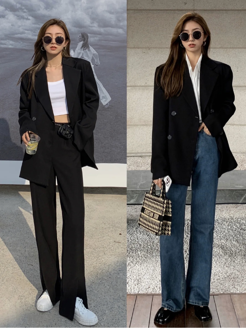 选一件普通的T恤做内搭搭配长裤,再套上一件西装外套就能快速出门啦