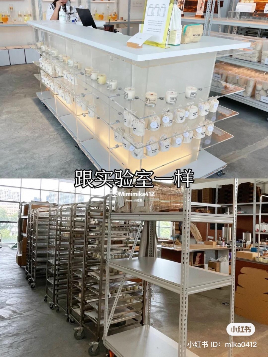 店里售卖的蜡烛款式一应俱全，身后还能看到新鲜出炉的蜡烛制作，让你更加身临其境地感受到 Lilin + Co 品牌创立背后的艰辛与热忱。