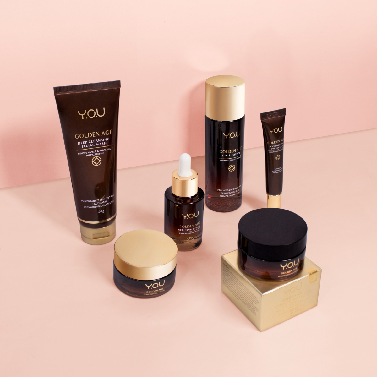 Y.O.U Beauty 的 The Golden Age Series 是主打抗初老系列，产品富含红石榴以及金盏花精粹，不仅可以实现长效保湿、促进肌肤细胞再生能力、加速修复受损屏障功效，还能密集改善细纹松弛等老化问题，赋予肌肤青春的健康光泽，焕活弹力丰沛少女肌。