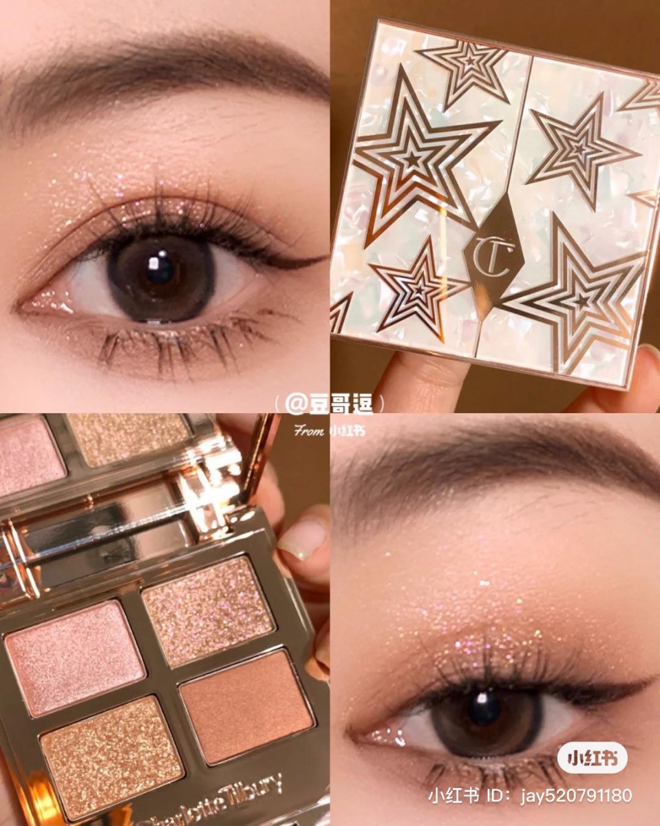 Charlotte Tilbury金星盘是浅金棕调搭配金粉偏光色,整体色泽偏清浅柔和,虽然全盘都带珠光但不会显眼肿。