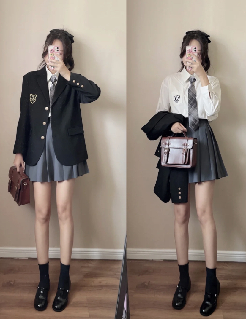 内搭可以选择白衬衫或菱格马甲,再搭配百褶裙就有韩国学生那种氛围啦