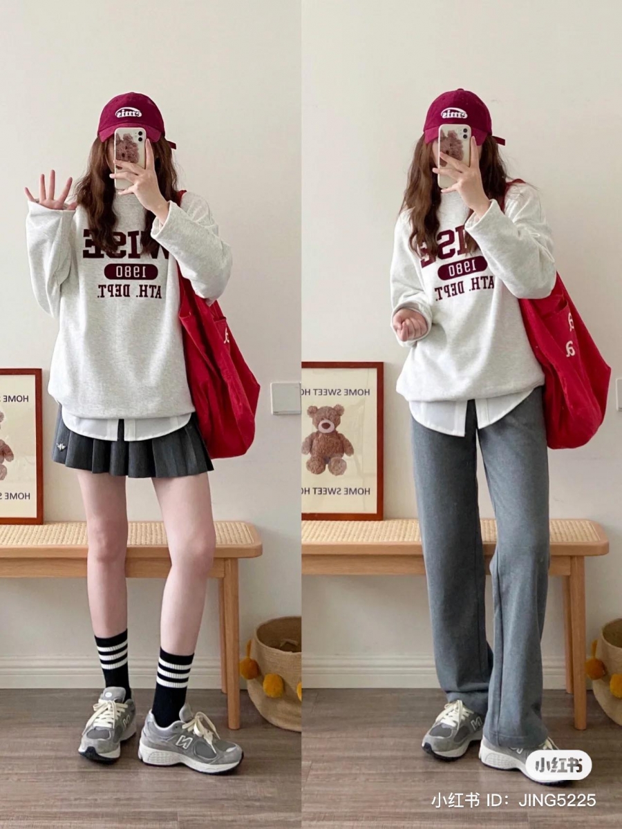 卫衣下半身搭配校园女孩感百褶裙或欧尼感休闲阔腿裤都超合适!