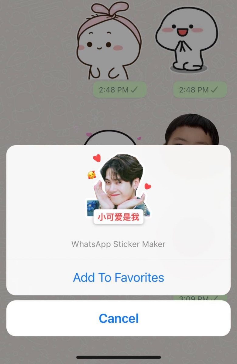 完成后点击发送，点击贴图后选择Add To Favourites，即可保存你的自制表情包～