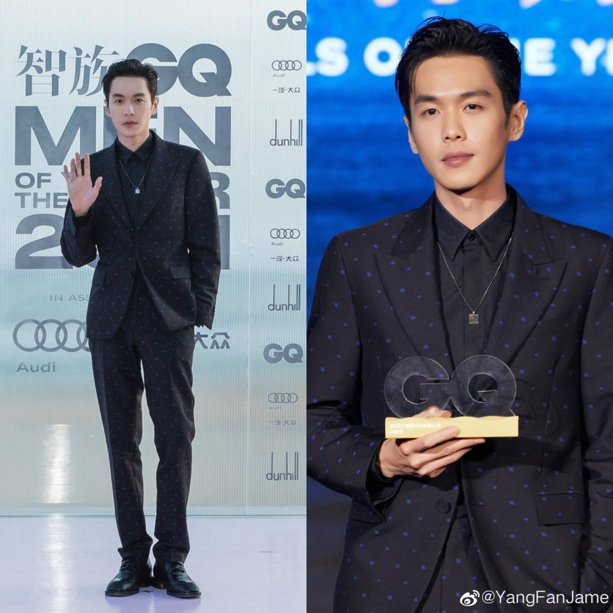 修身剪裁的黑色西装+油头，真的特别符合张若昀身上自带的贵公子气质！