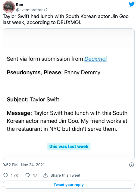稍早前,网传 Taylor Swift 与 韩国男神「孔刘」一起同桌吃饭瞬间让 Twitter 网友错愕不已。